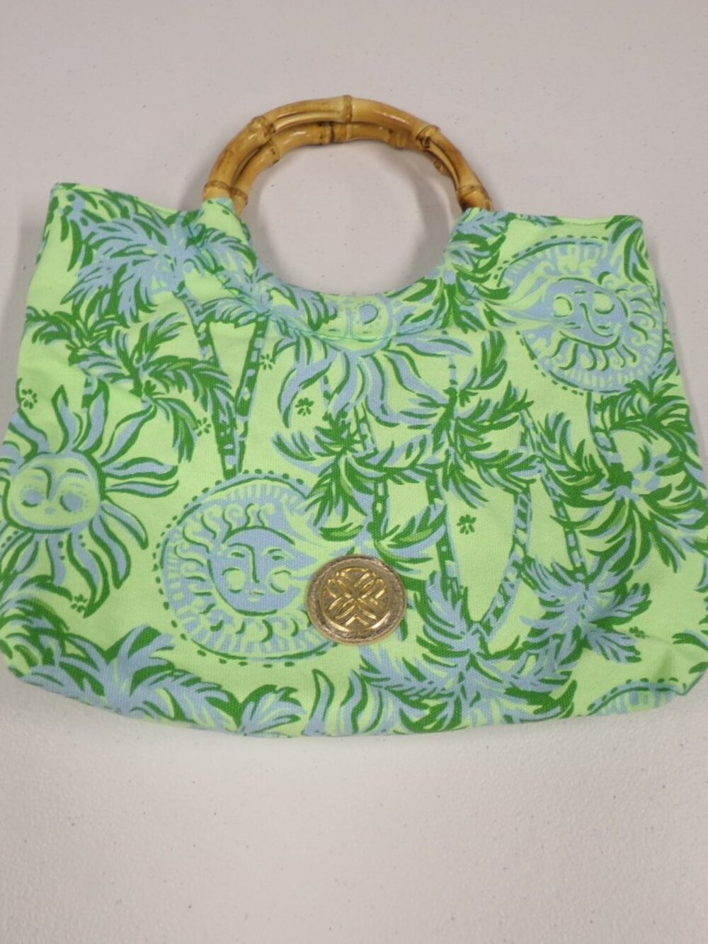 NEW Lilly Pulitzer Cool Mint Catchin’ Rays Bamboo Handle Bag Purse Green Blue
